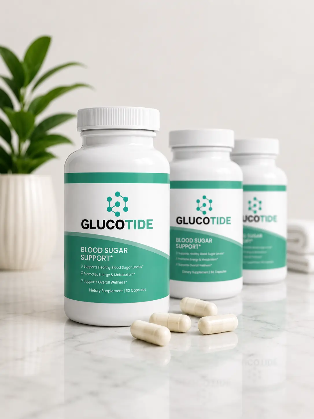 Glucotide capsules and supplement bottle on a clean surface